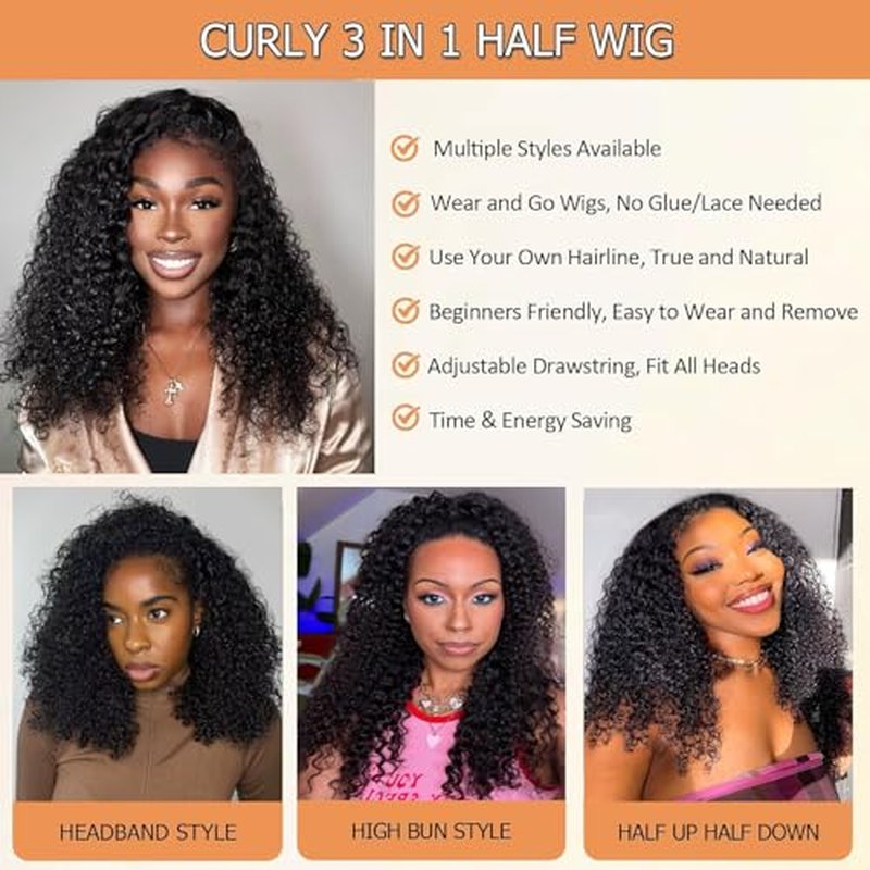 UWLK Kinky Curly Half Wig Human Hair 200 Density Upgrade 3 IN 1 Seamless Flip Over Half Wig Beginner Friendly Glueless Wear and Go Half Up Half Down Headband Wig Human Hair