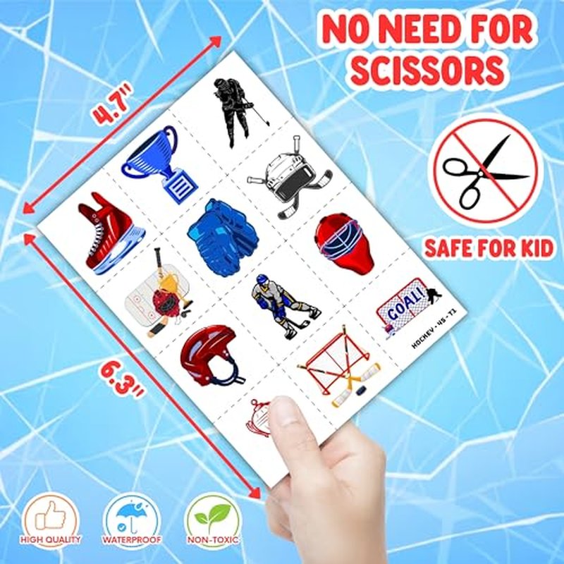 72-Piece Ice Hockey Party Favors Set Temporary Tattoos (48PCS) and Slap Bracelets (24PCS) - Perfect for Themed Birthday Parties, Baby Showers, Classroom Rewards, and Gifts for Kids