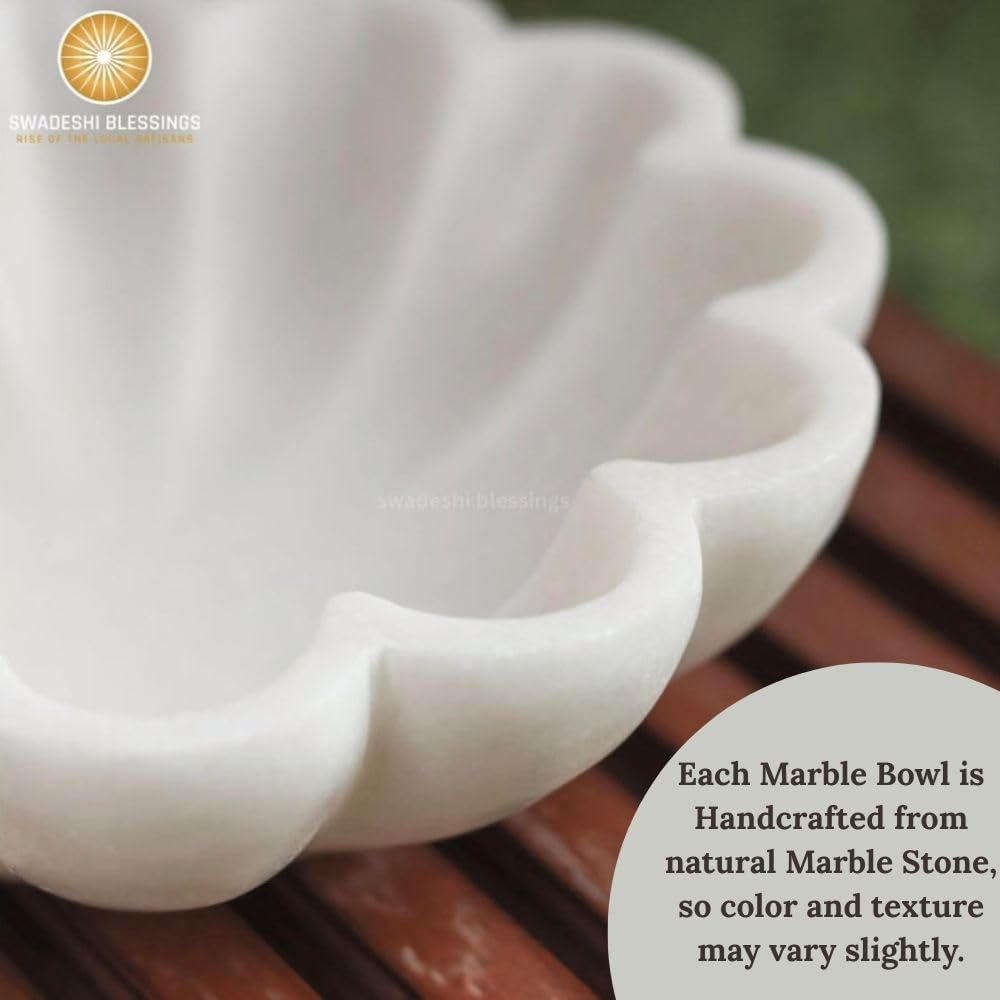 SWADESHI BLESSINGS HandCrafted Marble Decorative Bowl | White Ruffle Scalloped Fluted Key/Fruit Ring Dish | Organic Modern Home Decor (6 Inches)
