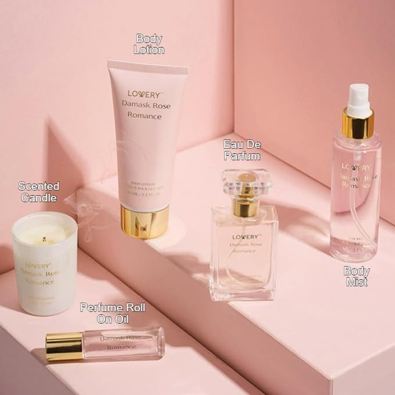 Womens Gift, Birthday Gifts for Mom, Self Care Gifts for Women, Damask Rose Romance Spa Kit with Soy Candle, Perfume Roll On, Body Lotion, Body Mist & Eau de Parfum - Bath & Body Care Set