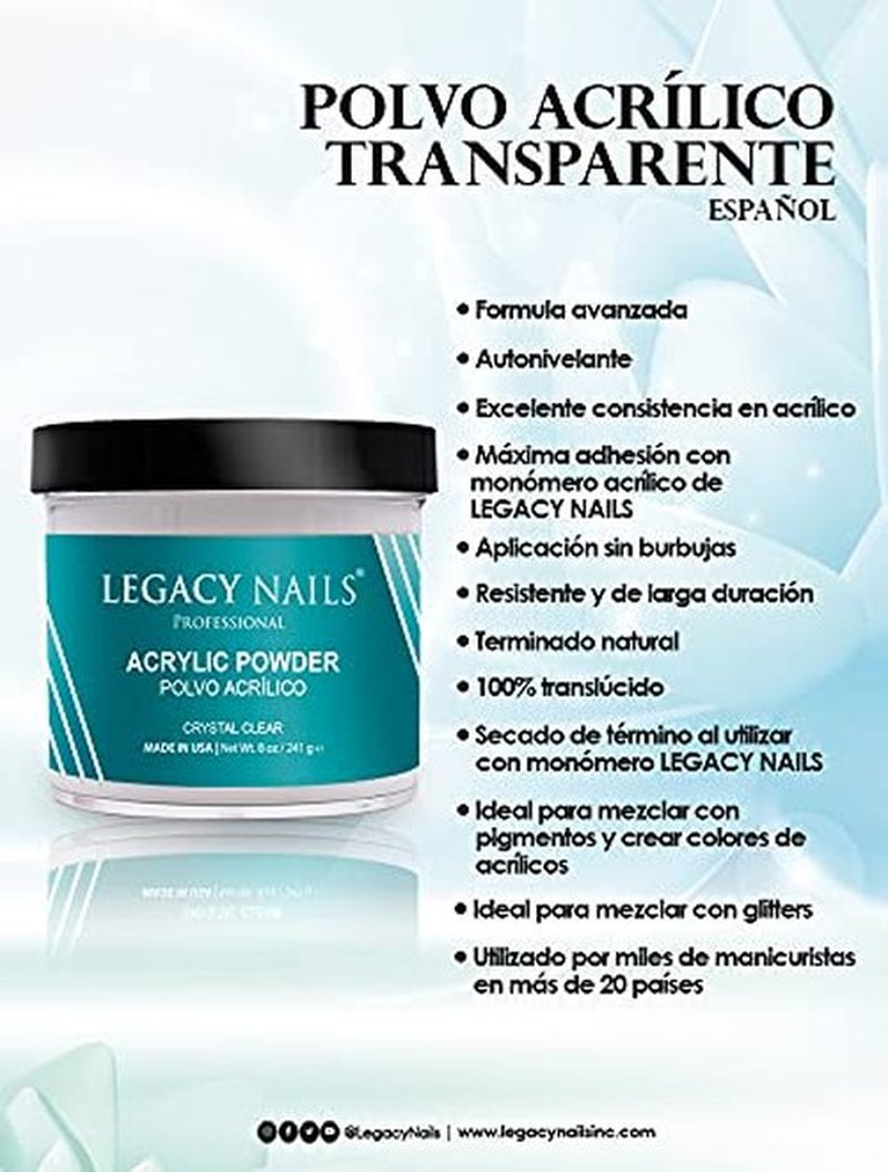 Legacy Nails Professional CLEAR ACRYLIC POWDER - 241g / 8oz. - High-Quality, Fast-Drying Formula for Nail Extensions, Sculpting & Overlays, Salon-Grade, Long-Lasting Finish