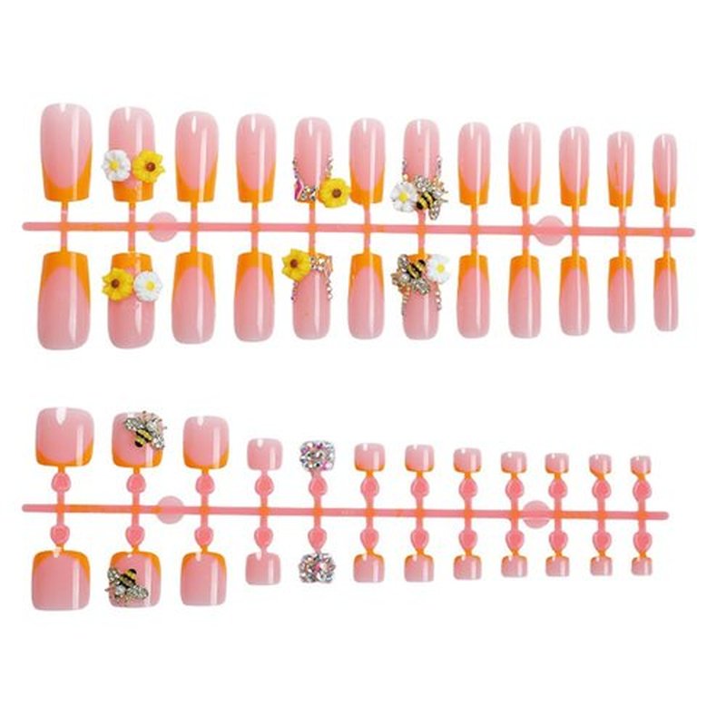 48 Pcs Orange French Press on Nails Medium & Press on Toenails Set Medium Square Nail Press ons with Rhinestone Designs Bee Flower Nail Charms Fake Nails Acrylic Nails Stick on Nails for Women