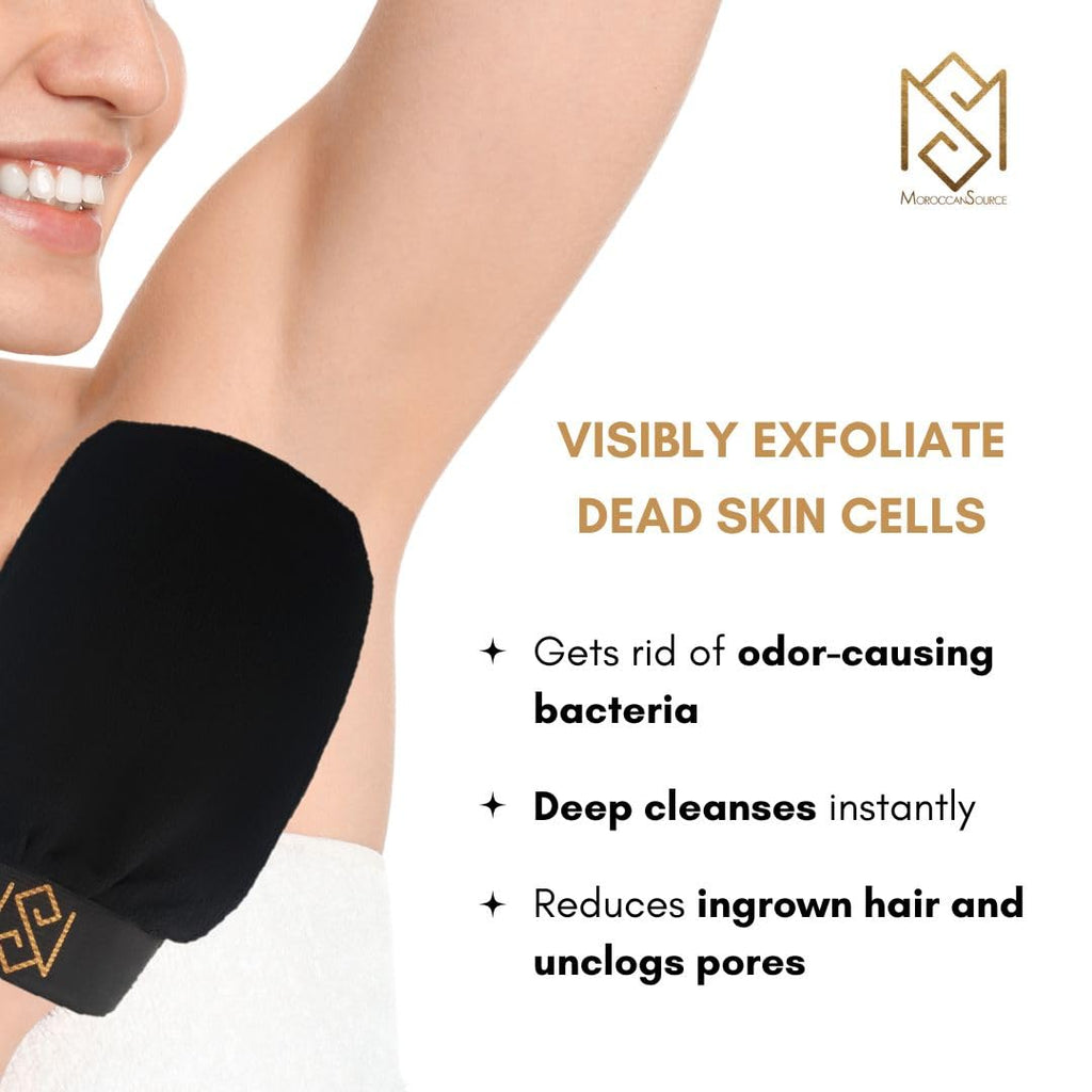 Exfoliating Glove Kessa Mitt Body Scrubber – Dead Skin Remover Shower Glove for Deep Pore Cleansing, Black Soap, and Moisturizer by Moroccan Source – 3 Piece Spa Set Kit