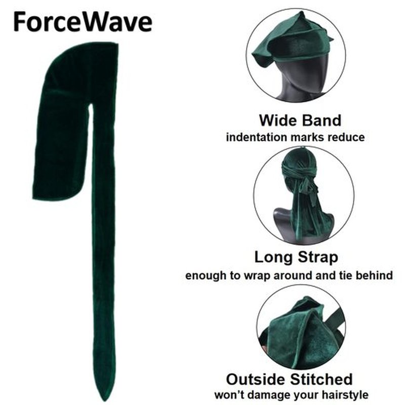 ForceWave Velvet Durags for Men Premium Du Rags Pack of 4 for Men Women with Long Tail and Wide Strap (Black Red Blue Green)