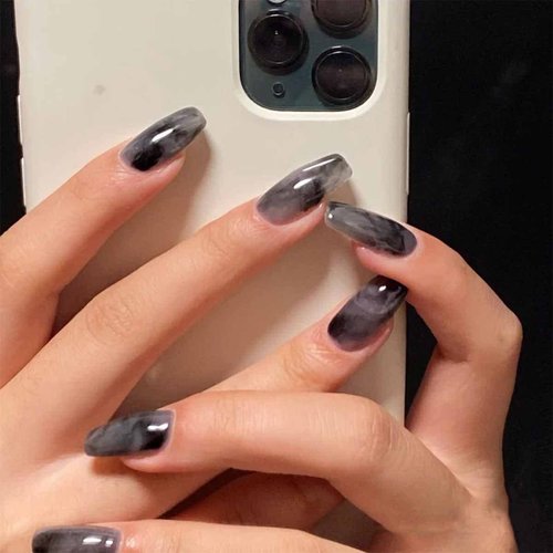 ORZOLATENT Black Marble Ombre Press-On Nails – 24 Long Square Nails, 12 Sizes, Glossy Gel, Elegant Marble Design, Long-Lasting, Includes Tool Kit, Easy DIY