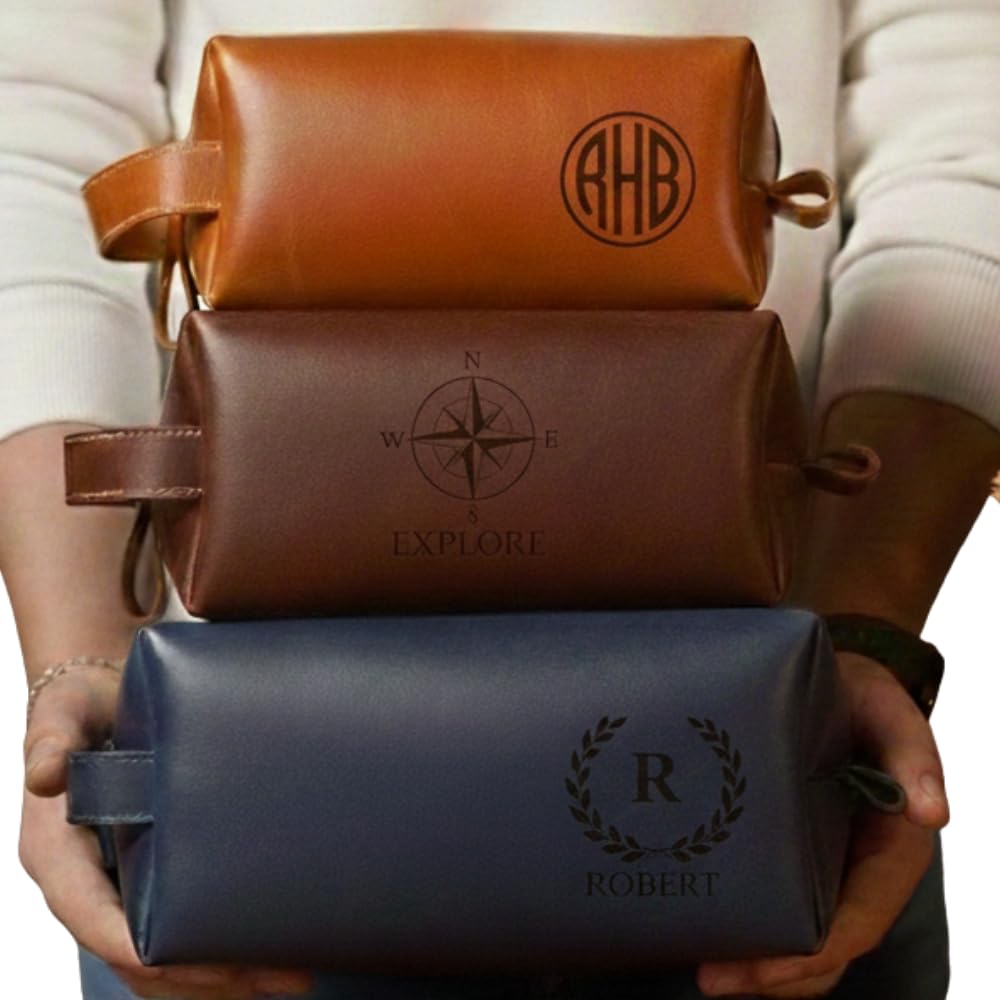 HARDISTON Personalized Genuine Leather Toiletry Bag for Men – Handcrafted Custom Dopp Kit with Engraved Monogram, Travel Shaving Bag Gift for Dad, Husband, Boyfriend, Groomsmen