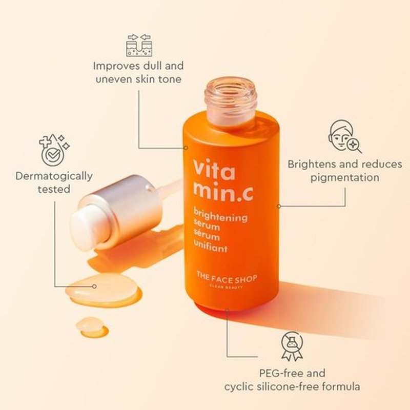The Face Shop Vitamin C Skin Brightening Serum - Brighten Complexion, Fade Dark Spots, Improve Dull & Uneven Skin Tone - Vitamin C Face Serum, Hyaluronic Acid, Niacinamide Serum - Korean Skin Care