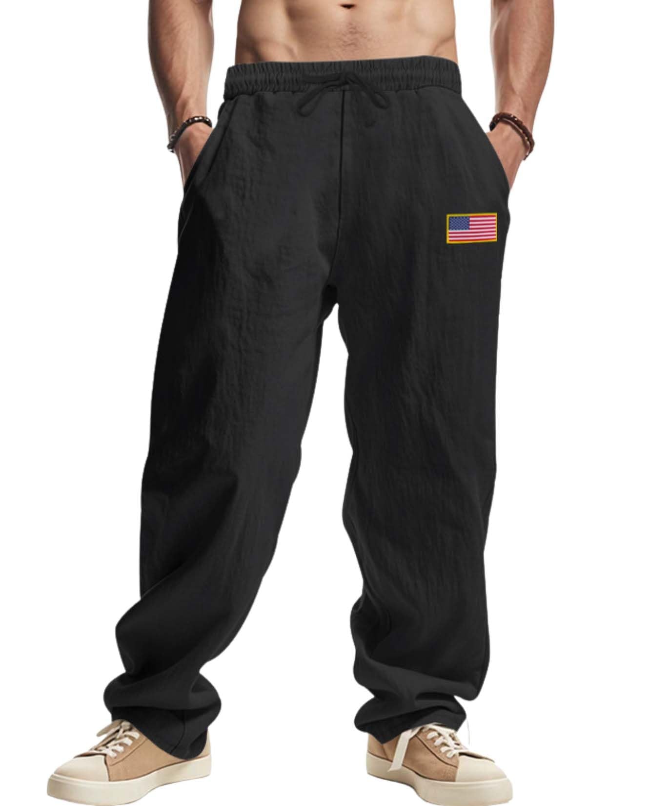 Zhyaj Linen Casual Pants for Men American Flag Graphic Splicing Hip Hop Trousers Elastic Waist Drawstring Sweatpants Pants with Pockets Black