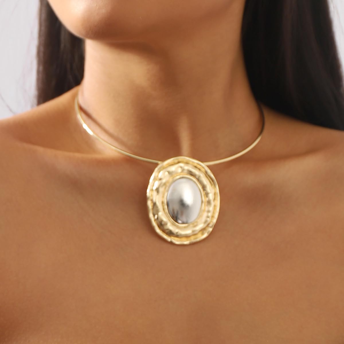 Fashion Chunky Statement Necklaces - African Choker Necklace with Gold Oval Pendant,Tribal Collar Necklace Hammered Metal Jewelry for Women (Gold)
