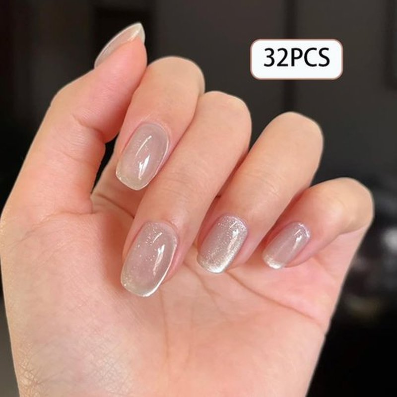 Short Square Press On Nails - Crystal Stone Cat's Eye Press On Nails Short Fake Nails with Nail Glue, Artificial Nails 16 Sizes - 32Pcs Reusable Soft Gel False Nails Tips Kit,Stick On Nails for Women