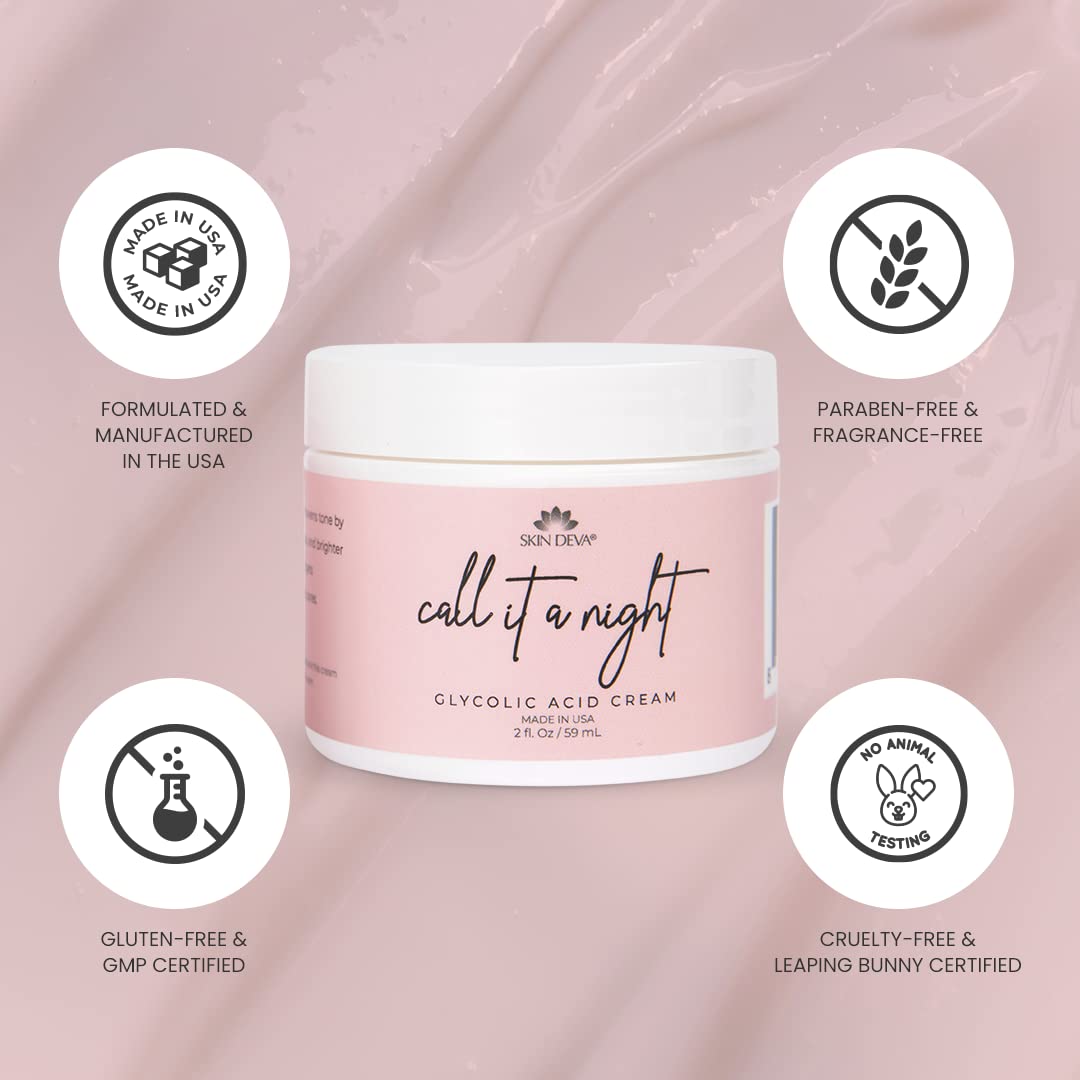 Skin Deva Glycolic Acid Night Cream, Exfoliating Face Cream with Kojic Acid, Niacinamide & Retinol, Helps Improve Skin Texture, Brighten Appearance & Minimize the Look of Pores – 2 oz