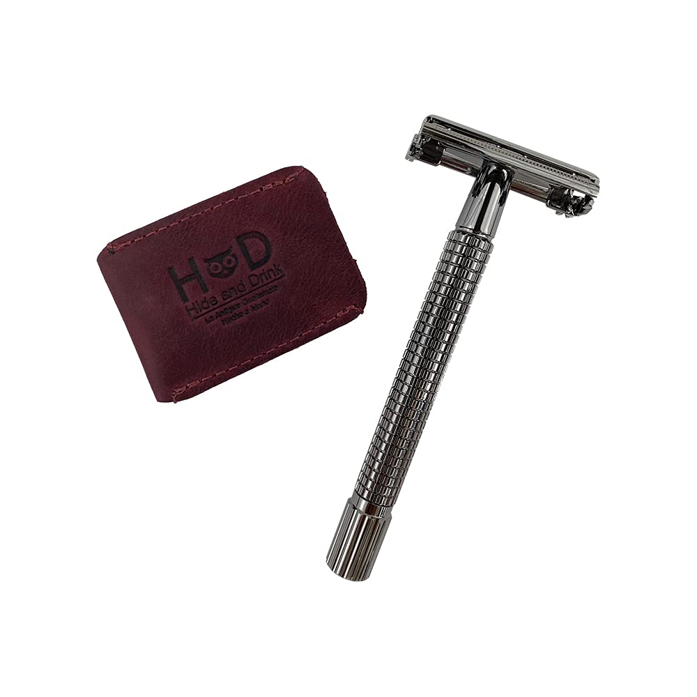 Hide & Drink, Leather Double Edge Safety Razor Head Protective Sheath, Shaving Travel Cover Handmade (Sangria)