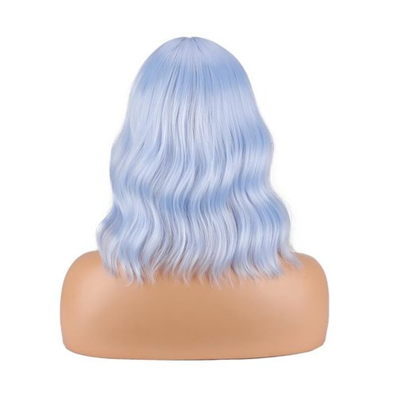 Greenmirr Light Blue Wavy Wig with Bangs Synthetic Ice Blue Bob Wig for Women Replecement Hair 14in