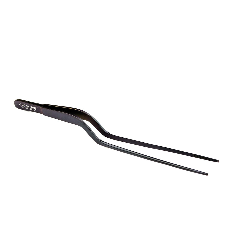 O'Creme 8 Inch Black Stainless Steel Precision Kitchen Culinary Offset Tweezer Tongs