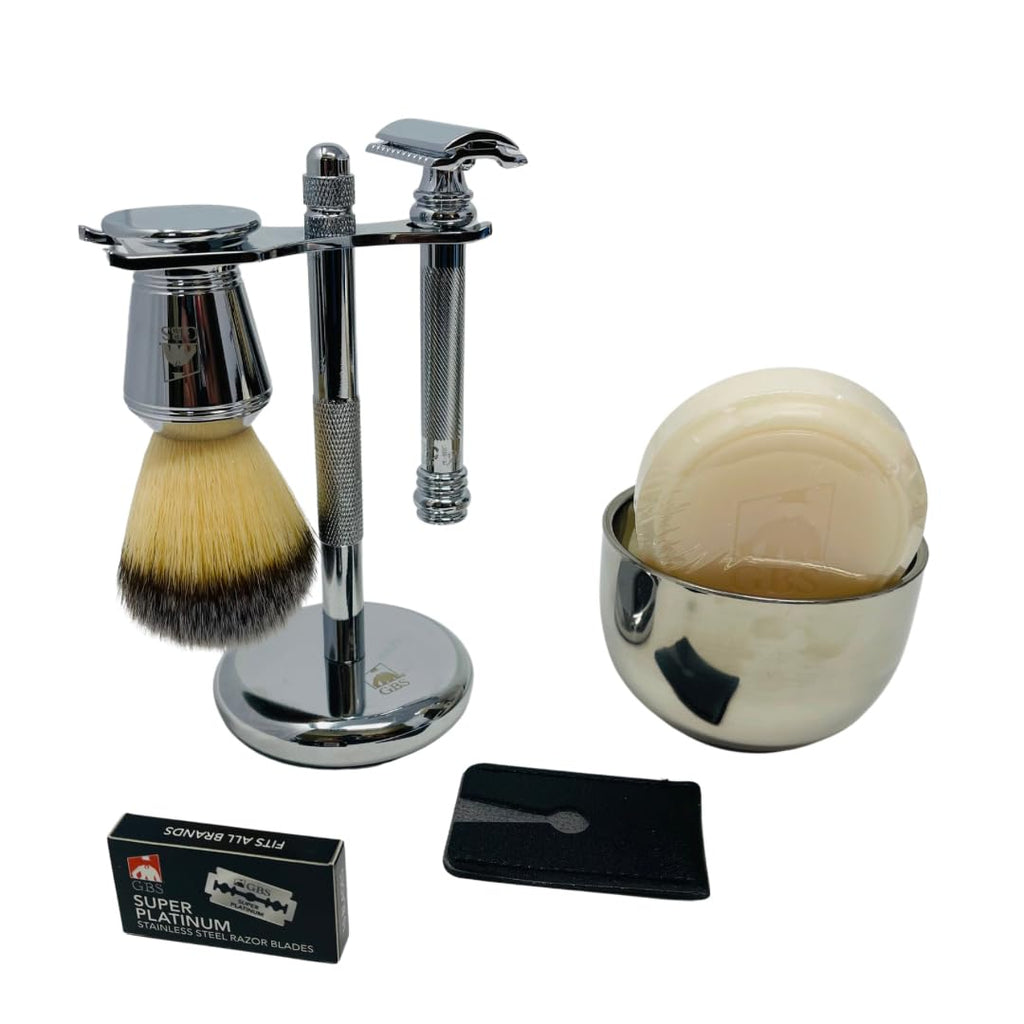 G.B.S Men's Heavy Duty DE MK 38 Men's Double Edge Safety Razor with Shaving Brush, Chrome Shave Brush and Razor Stand, Travel Razor Head Sleeve includes 10 Double Edge Blade Refills