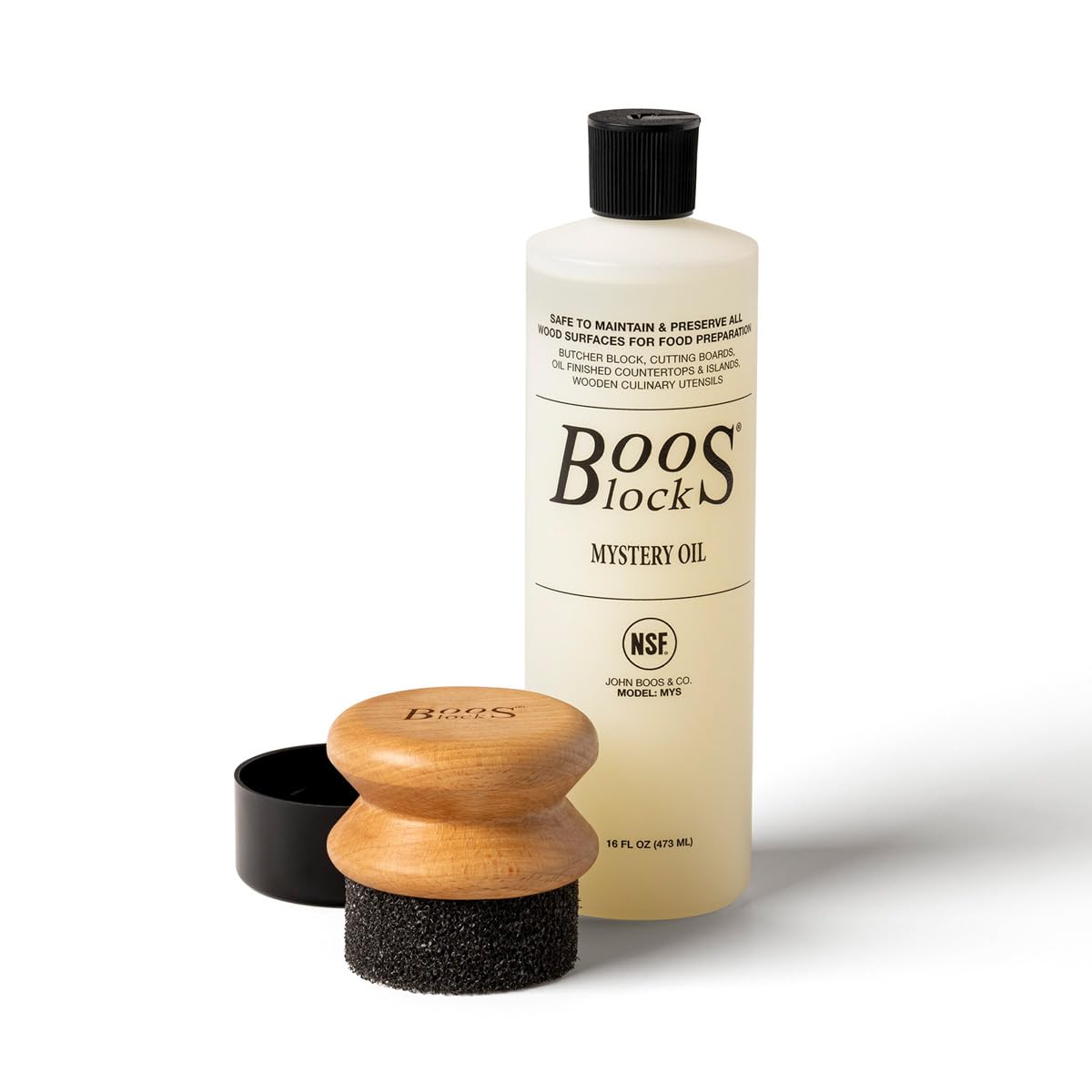 John Boos 2-Piece Care Set, 16 oz Mystery Oil & Round Beechwood Applicator - All-Natural Maintenance Formula for Butcher Blocks, Cutting Boards, Wooden Countertops & Wood Utensils