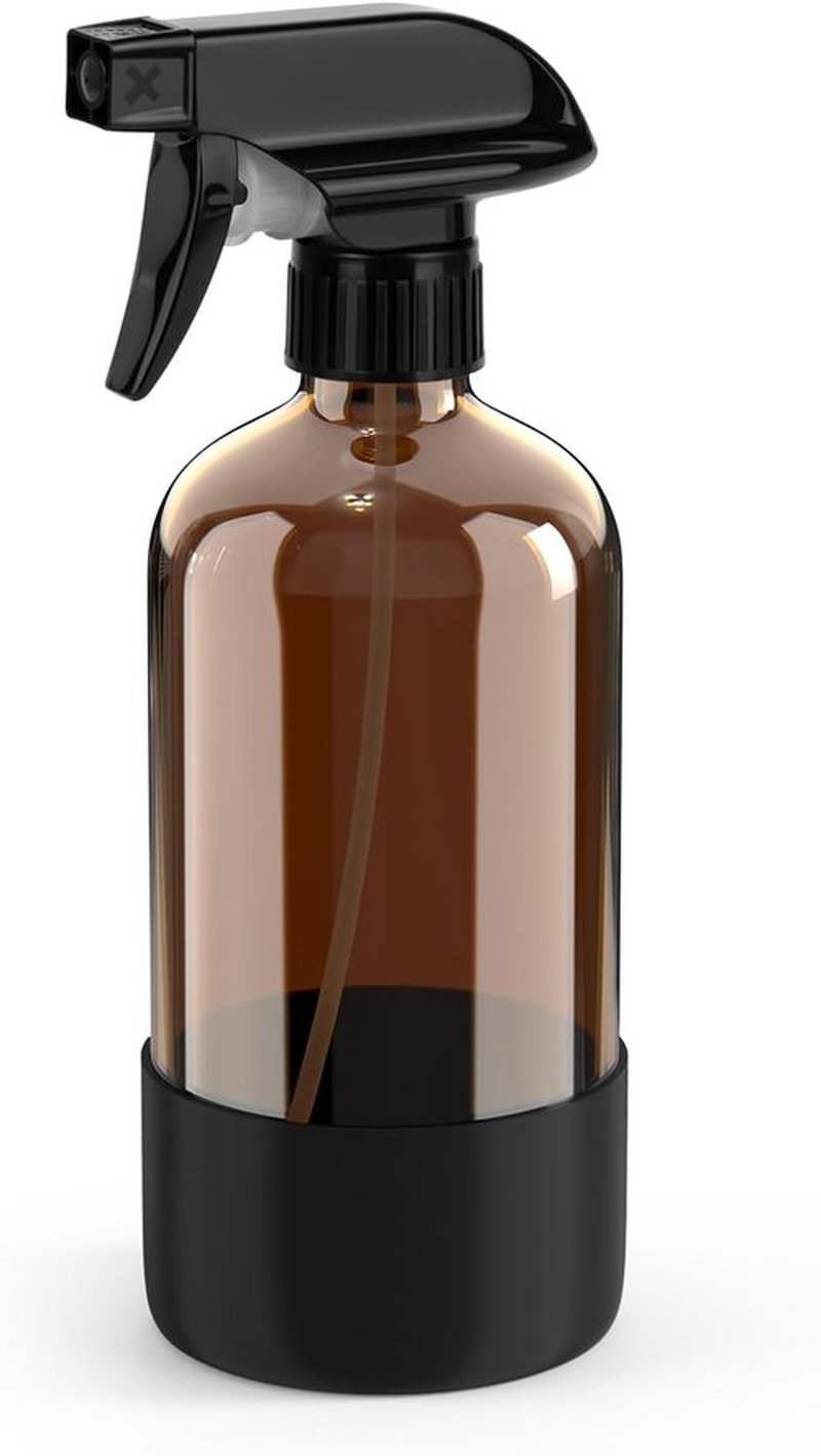 Bontip Amber Glass Spray Bottle - 16 oz Refillable with Silicone Sleeve for Cleaning & Aromatherapy (Black Sleeve)