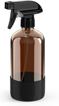 Bontip Amber Glass Spray Bottle - 16 oz Refillable with Silicone Sleeve for Cleaning & Aromatherapy (Black Sleeve)