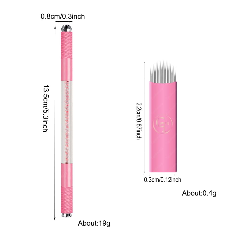 TgoBeauty Pink Microblading Double End Crystal Tattoo Manual Pen Semi PMU Handle with 10pcs 0.15mm U18 Microblading Needles Blade for Eyebrow Permanent Makeup Beauty (Pink Pen+10pcs 0.15mm U18 Blades)