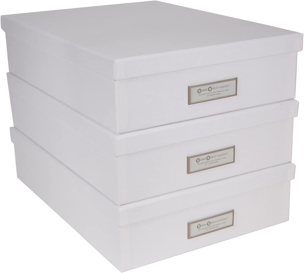 Bigso Oskar Fiberboard Label Frame Document Letter Box - File Organizer Box for Important Paperwork - Document Storage with a Lid & Label Window - 3.3 in x 10.2 in x 13.8 in - 3 Pack - Dark Grey