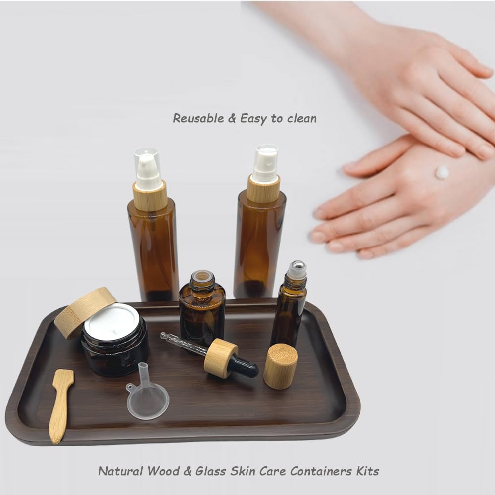 BEECO GIF2U Empty Refillable Brown Glass Cosmetic Containers with Bamboo Cover - 5 Pack, Spray Bottle, Lotion Pump, Dropper, Roller Bottle, Cream Jar - Tray Included