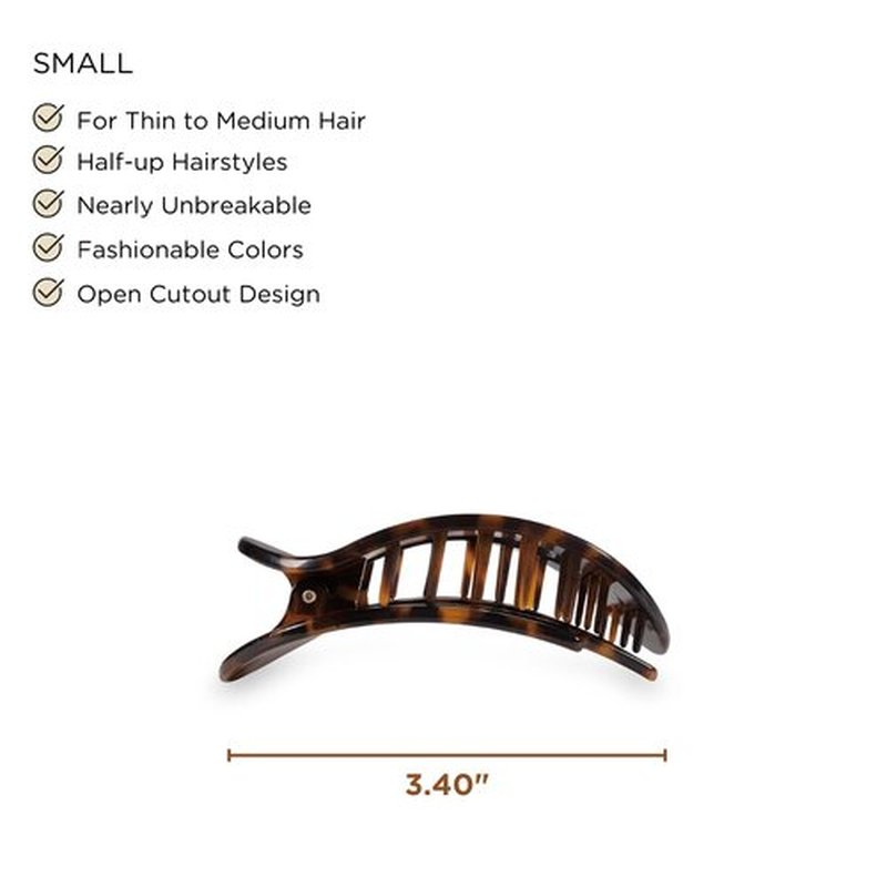 TELETIES - Small Flat Round Clip - Strong Grip, Bendable Teeth, Comfortable Curved Design - For Lying Down, Yoga, Driving & More - Ideal for Thin-Medium Hair - For All Hair Textures - Tortoise