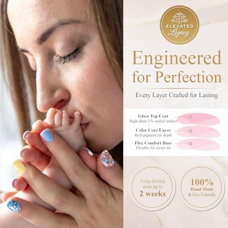 ELEVATED LÉGACY Medium-Sunshine Confetti Fake Nails Press-On Manicure Kit for Women | French Tip 10 Nails | Nail Glue, Dual Nail File, Cuticle Stick, Buffer Block | Measure Before Ordering