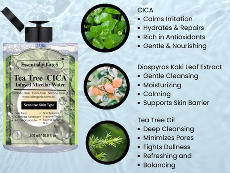 KateS Micellar Cleansing Water - Hydrating Makeup Remover with Hyaluronic Acid & Tea Tree | 16.9 Fl Oz for Sensitive Skin