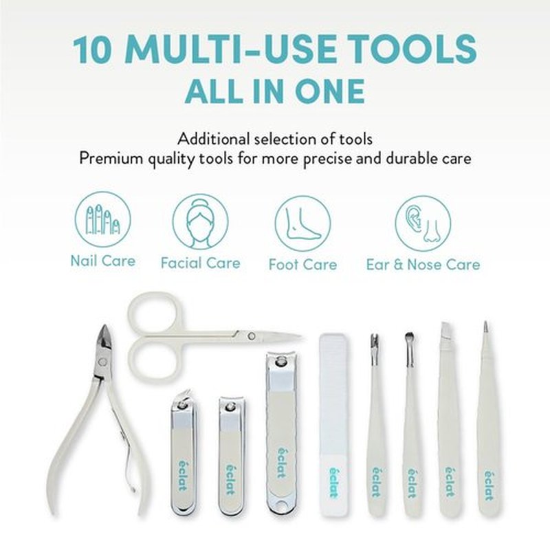 Éclat Manicure Pedicure Kit for Men & Women, 10Pcs Finger & Toe Nail Care Tools Includes Nail Clipper Cutter, Tweezer, File, Cuticle Pusher, Personal Care Professional Grooming Set With Travel Case