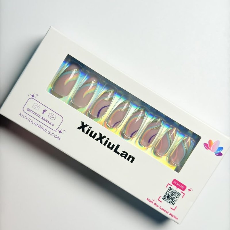 XIUXIULAN Press on Nails, rainbow ripple Pink Almond False Nails, 12 Size Glossy Soft Gel 24 Pcs