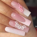 LPOODDNU French Square Fake Nails, Pink Press-on Nails, Crystal Flowers, White Flowers, Acrylic, Extra Long, Full Cover, 24PCS