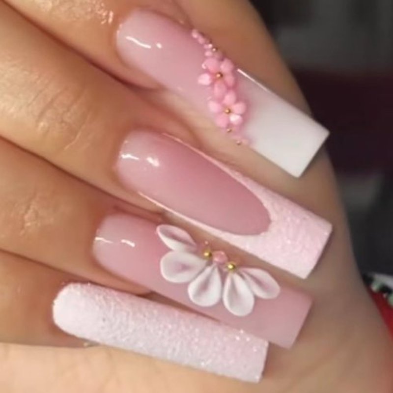LPOODDNU French Square Fake Nails, Pink Press-on Nails, Crystal Flowers, White Flowers, Acrylic, Extra Long, Full Cover, 24PCS