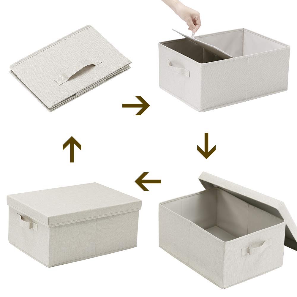 HOONEX Foldable Storage Bins with Lids, 2 Pack, Storage Boxes with Carrying Handles and Sturdy Heavy Cardboard, 16.5" L x 11.8" W x 7.5" H for Shoes, Books, Clothes, Beige
