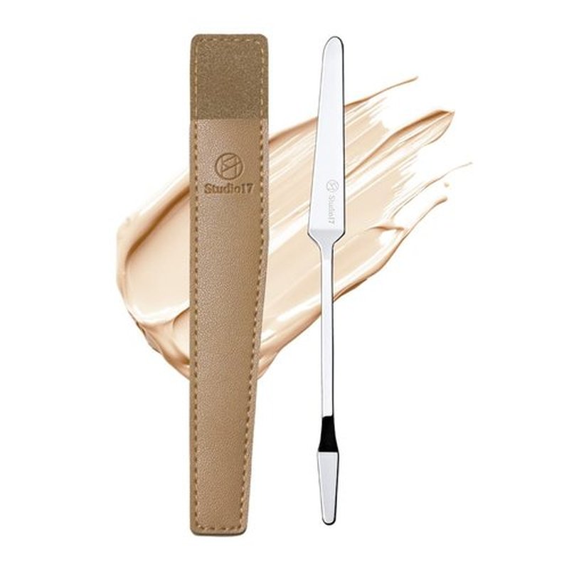 STUDIO17 Foundation Spatula Made of Stainless Steel | Professional Makeup Spatula for Even Application of Foundation | Double Edged Spatula for Small Area of Face | Pouch Included for Clean Storage