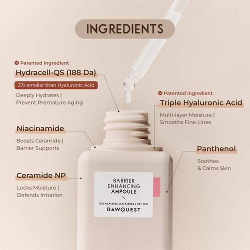 Barrier Enhancing Ampoule 50ml with Hydracell-QS, Triple Hyaluronic Acid, Panthenol & Ceramide – 100 Hours Deep Moisture, Strengthens Skin Barrier, Anti-Aging, Firming Treatment, Reduce Redness