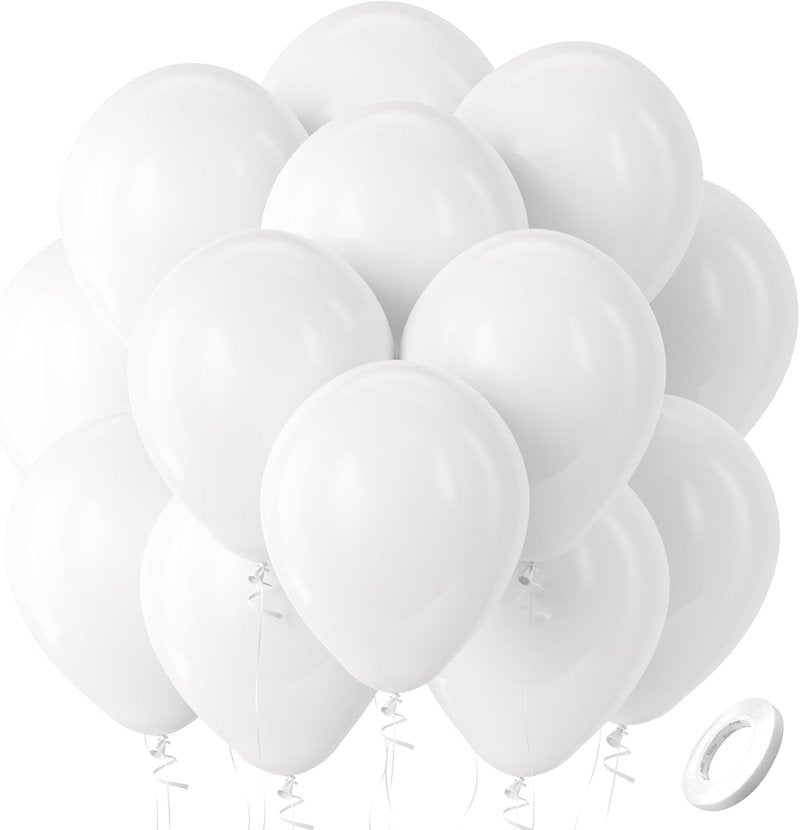 Bezente White Latex Balloons - 100 Pack 12-Inch Round Helium Balloons for Weddings & Parties