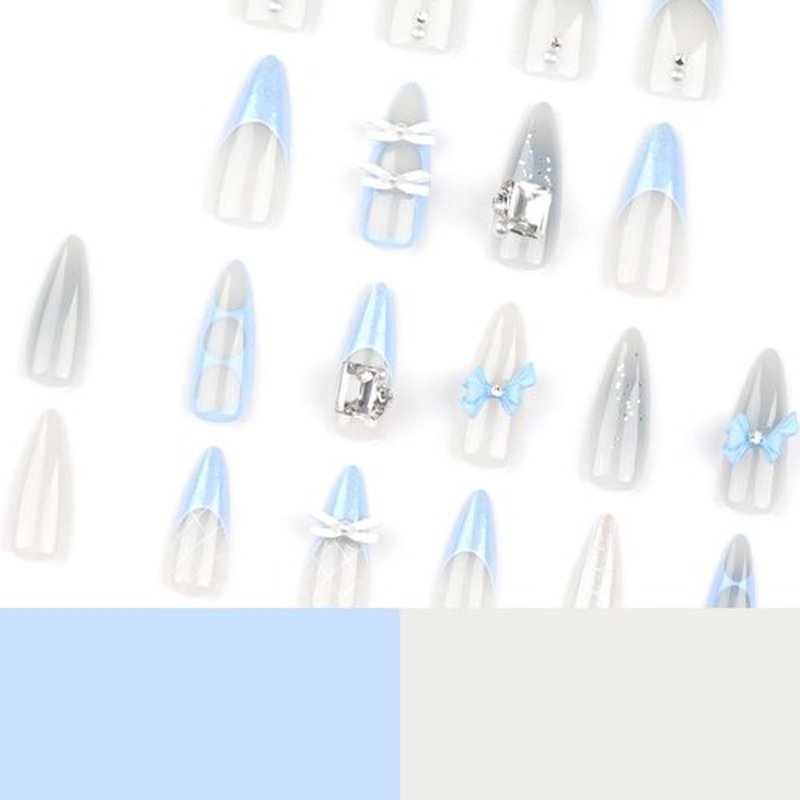 Bow Press on Nails Long Almond Fake Nails 3D Charms Rhinestone False Nails Press ons with Designs Blue Glossy Full Cover Acrylic Glue on Nails Artificial Stick on Nail for Women Manicure 24Pcs