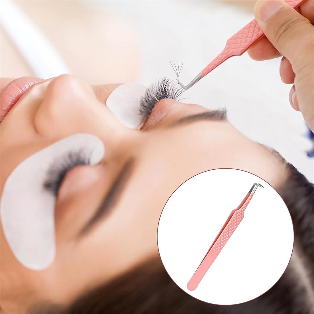 EYAKEG 90 Degree Lash Tweezers for Eyelash Extensions, Precision Fiber Tip Grip Mega Volume Lash Tweezers, Pink