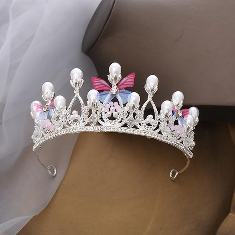 Tiara Butterfly Crown Gold Pearl Headband Rhinestone Hairpiece for Wedding Bridal Prom Birthday Party Cosplay (Silver)