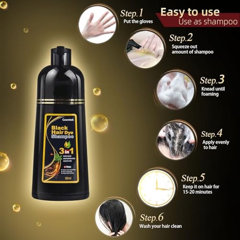 COSMTEK Black Hair Dye Shampoo for Gray Hair, Semi-Permanent Hair Color Shampoo for Women and Men, Herbal and No Ammonia, 3 in 1-100% Grey Coverage(16.9 Fl oz)