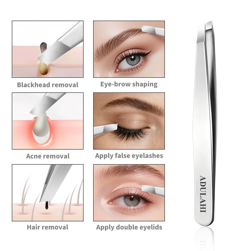 ADULAHI Professional Slant Tweezers for Eyebrows & Facial Hair - Precise Aligned Stainless Steel Remover with Storage Case(Pearl Silver)