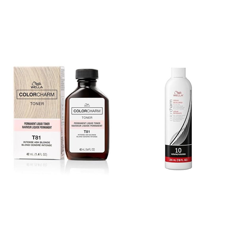 WELLA ColorCharm Permanent Liquid Toners - Neutralize Brass, Paraben-Free, Vegan | T81 Intense Ash Blonde + 10 Vol Cream Developer Bundle