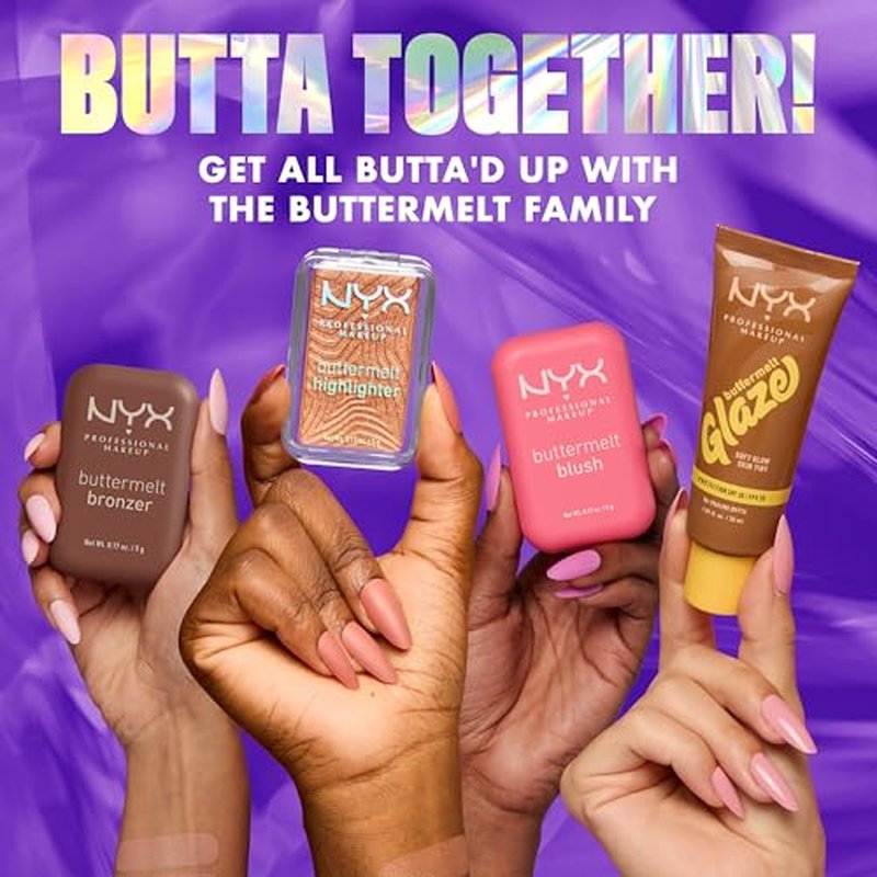 NYX PROFESSIONAL MAKEUP Buttermelt Highlighter, Powder Highlighter Makeup, With Up to 12H Wear and High Impact Glow - 05 Bright and Butta (Light Champagne)