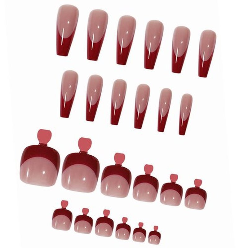 Outyua 48Pcs Press on Nails Toenails French Nail Tips Medium Length Flase Nail Finger Toe Nails Red Glossy Acrylic Fake Nail with Designs (Red French)