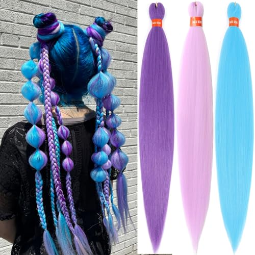 Colorful Pre Stretched Braiding Hair 30 Inch Festival Yaki Texture Braid Hair Extensions 3 Packs Braiding Hair Pre Stretched for All Occasions(purple+lavender+light blue)