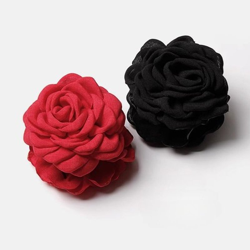 Rauimour 4pcs Handmade Fabric Rose Flower Hair Claw Clip for Women Girls, 3.94" Large Boho Hawaiian Floral Hairpins Barrettes for Thick Thin Hair Styling Accessories(Red Pink)