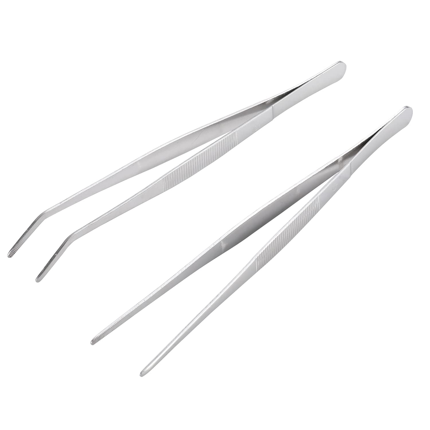 Miupoo Long Handle Stainless Steel Paint Straight and Curved Tweezers Nippers,Extra Long Precision Craft Tweezers Set with Serrated Tips,Silver,2 pieces,9.8Inches