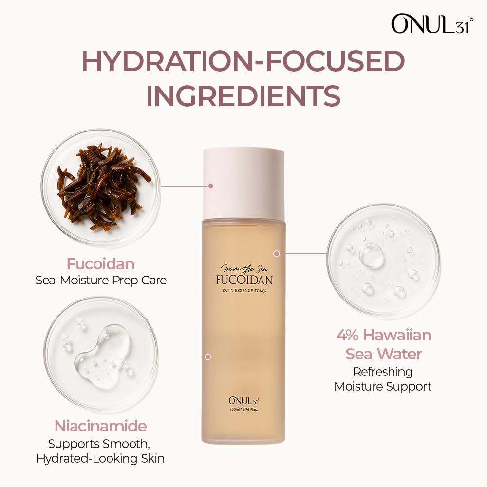 ONUL31° Fucoidan Satin Essence Toner | Korean Facial Toner with 4% Hawaiian Sea Water & Niacinamide, Vegan Certified Hybrid Toner-Essence Before Serum, Lightweight Hydrating Toner, 6.76 fl. oz.