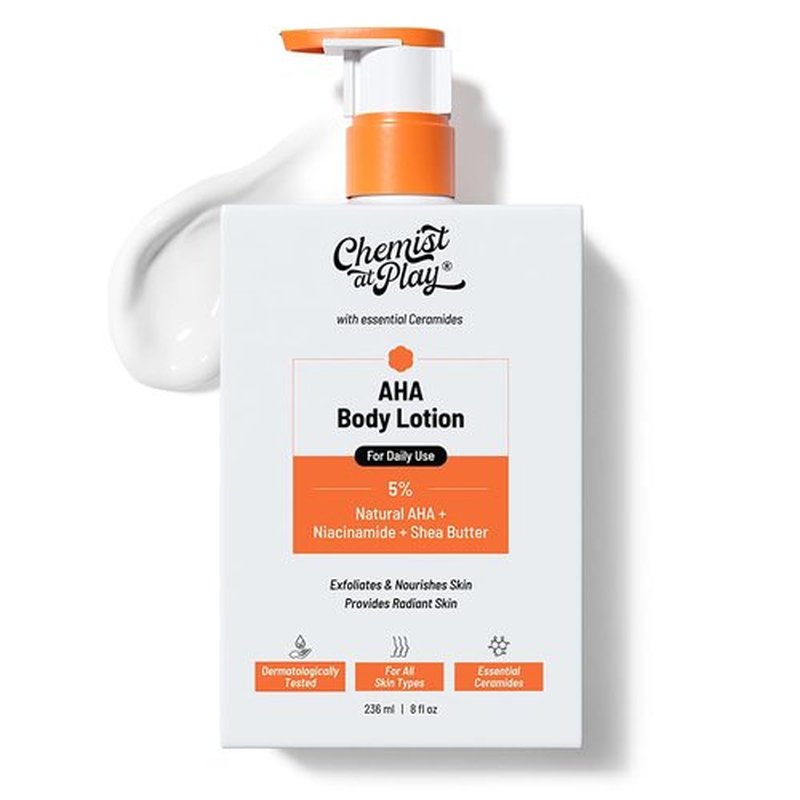 Chemist at Play AHA Body Lotion with 5% Natural AHA, Niacinamide, Shea Butter | For Exfoliating Dry & Dead Skin Cells, Deep Nourishment & Radiant Skin | Skin Brightening Lotion | 236ml
