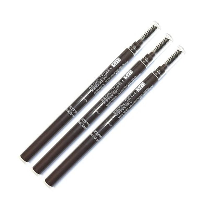(3 pcs) Nabi 3 in 1 Eye Brow Pencil, Eyebrow Pencil with Brow Brush and Eye Brow Filling Powder (Black Brown)